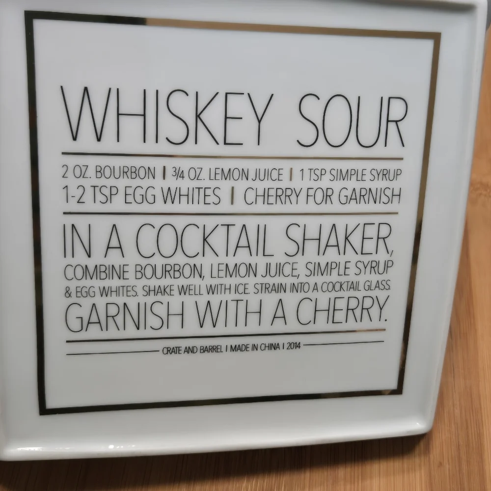 Crate & Barrel WHISKEY SOUR Appetizer Plate Trinket Dish, recipe on back